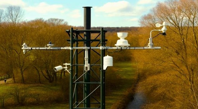 An image of a weather station above a river. This image is also a link to the weather stations in the OpenLiving Laboratory
